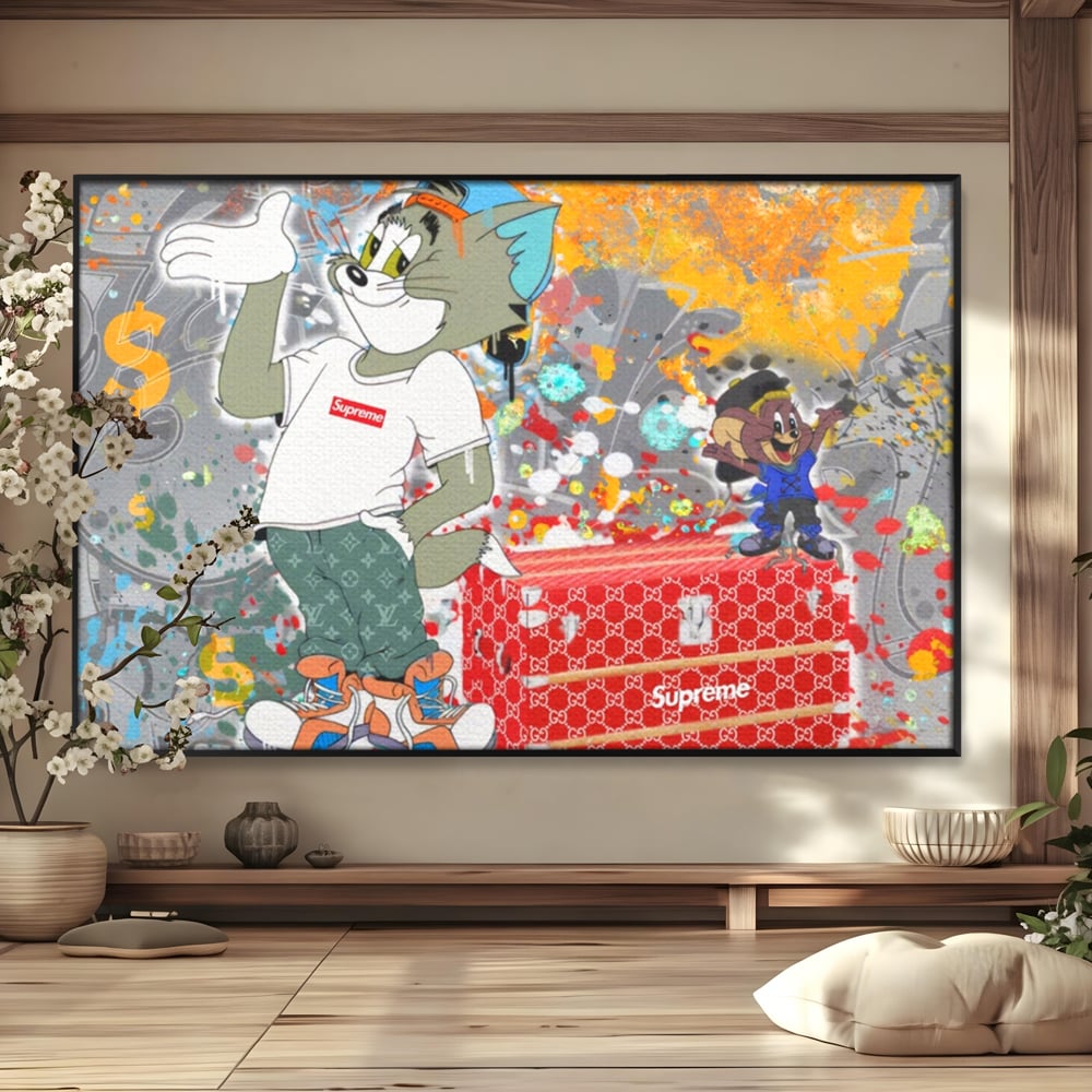 Tablou canvas cu tablou canvas cu tom si jerry, in rama de aluminiu negru